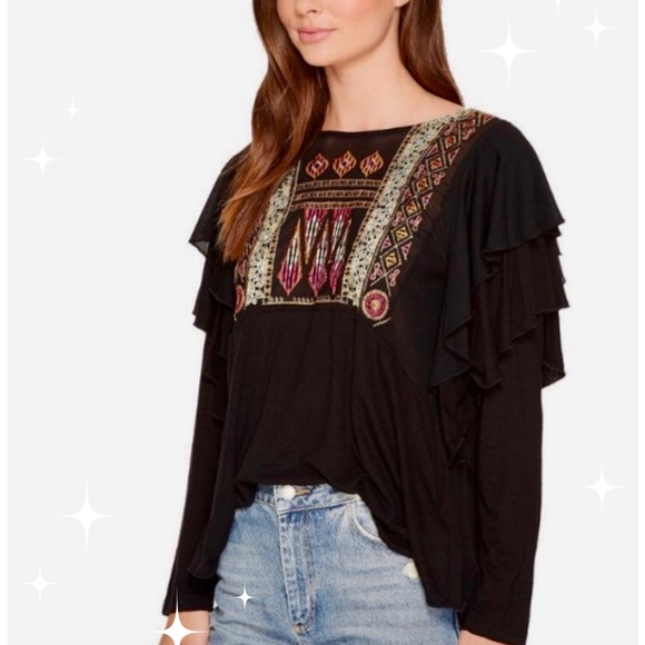 NWOT! Free People La Cienega Embroidered Ruffle Black Top! - Picture 5 of 8